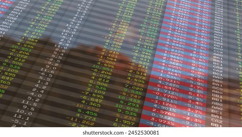 Image of financial data processing over landscape. Global finance, business, connections, computing and data processing concept digitally generated image.
