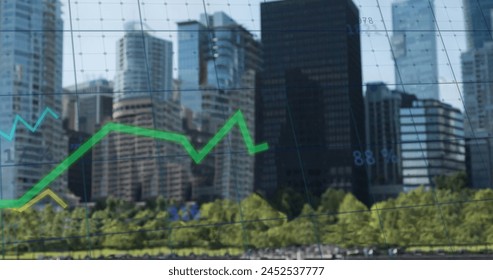 Image of financial data processing over cityscape. Global finance, business, connections, computing and data processing concept digitally generated image.