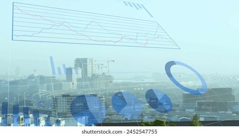 Image of financial data processing over cityscape. Global finance, business, connections, computing and data processing concept digitally generated image.