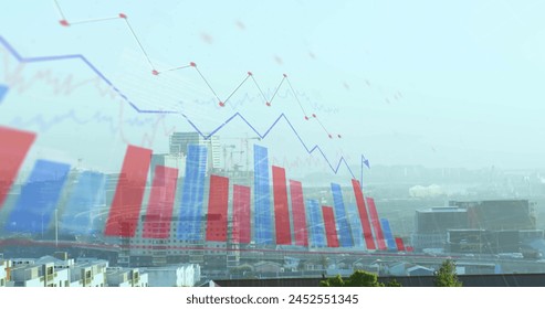Image of financial data processing over cityscape. Global finance, business, connections, computing and data processing concept digitally generated image.