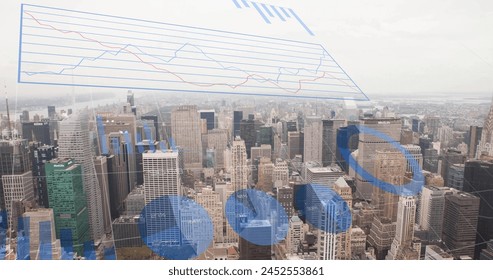 Image of financial data processing over cityscape. Global finance, business, connections, computing and data processing concept digitally generated image.