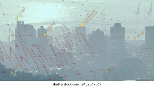 Image of financial data processing over cityscape. Global finance, business, connections, computing and data processing concept digitally generated image.