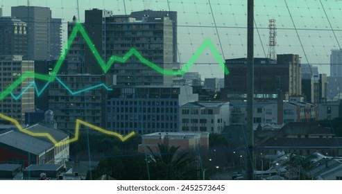 Image of financial data processing over cityscape. Global finance, business, connections, computing and data processing concept digitally generated image.