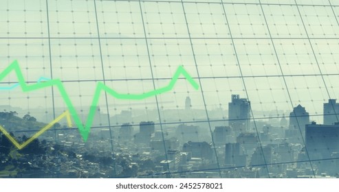 Image of financial data processing over cityscape. Global finance, business, connections, computing and data processing concept digitally generated image.
