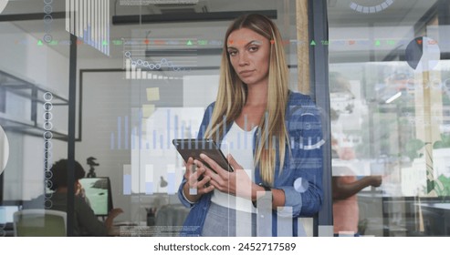 Image of financial data processing over diverse business people. global business, technology and digital interface concept digitally generated image.