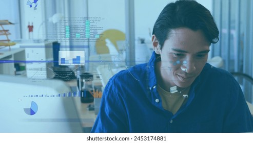 Image of financial data processing over caucasian businessman in office. Global computing, digital interface and data processing concept digitally generated image.