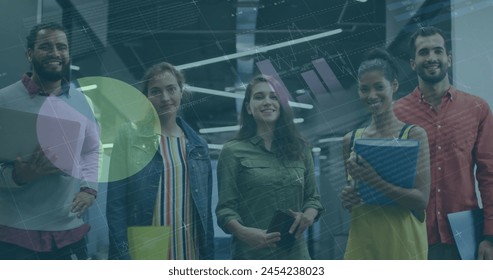 Image of financial data processing over diverse businesspeople in office. Global business, finances, computing and data processing concept digitally generated image.