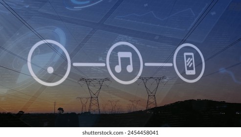 Image of financial data processing over electric pylons in countryside. Global electricity, finance, business, connections, computing and data processing concept digitally generated image.