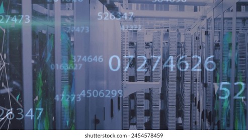 Image of financial data processing over computer servers. Global business, connections, computing and data processing concept digitally generated image.