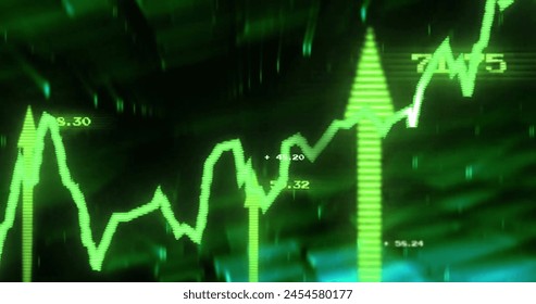 Image of financial data processing over arrow and statistics. Global business, connections, computing and data processing concept digitally generated image.