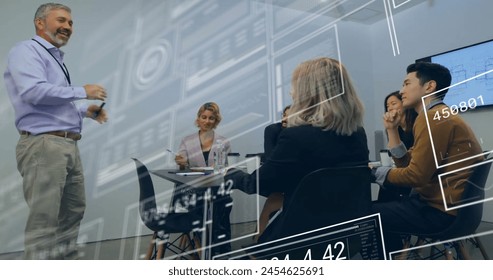 Image of financial data processing over diverse business people in office. Global finance, business, connections, computing and data processing concept digitally generated image.