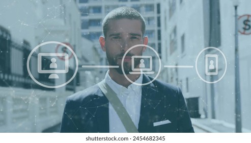 Image of financial data processing over caucasian businessman in city. Global finance, business, connections, computing and data processing concept digitally generated image.