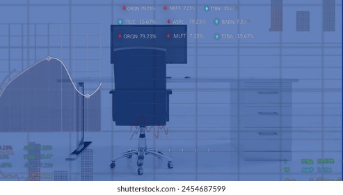 Image of financial data processing over office with computer on desk. Global finance, business, connections, computing and data processing concept digitally generated image.