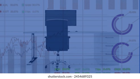 Image of financial data processing over office with computer on desk. Global finance, business, connections, computing and data processing concept digitally generated image. - Powered by Shutterstock - Get 15% off with code: PIKWIZARD15