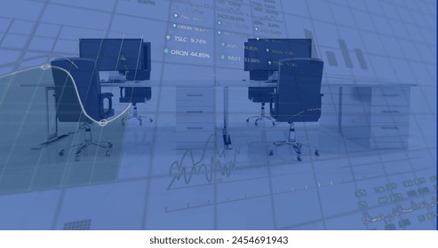 Image of financial data processing over office with computers on desks. Global finance, business, connections, computing and data processing concept digitally generated image.