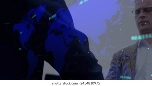 Image of financial data processing over business people shaking hands. global connections, business, digital interface, technology and networking concept digitally generated image.
