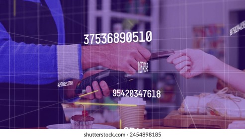 Image of financial data processing over people using payment terminal. global business, finances, data processing and digital interface concept digitally generated image.