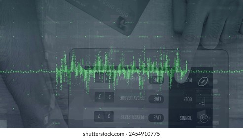 Image of financial data processing over hands using tablet. global business, finances and digital interface concept digitally generated image.