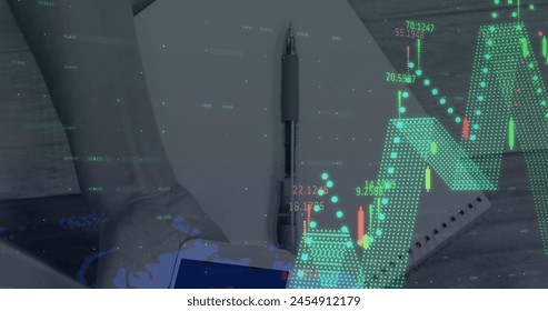 Image of financial data processing over hand holding smartphone. global business, finances and digital interface concept digitally generated image.