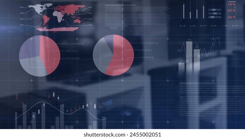 Image of financial data processing over shop interiors. global shopping, connections, business, digital interface, technology and networking concept digitally generated image.