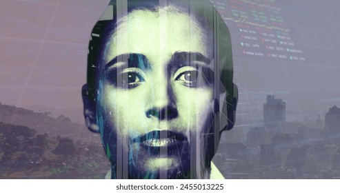 Image of financial data processing over female face. Global business and data processing concept digitally generated image. - Powered by Shutterstock - Get 15% off with code: PIKWIZARD15