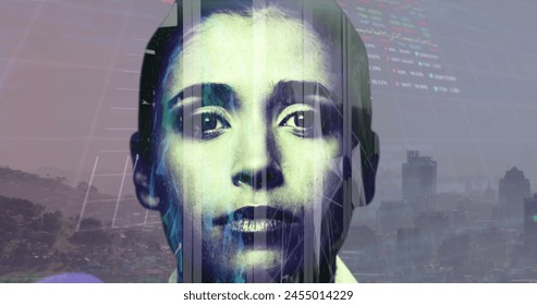 Image of financial data processing over female face. Global business and data processing concept digitally generated image. - Powered by Shutterstock - Get 15% off with code: PIKWIZARD15