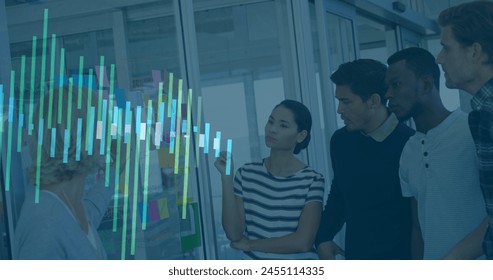 Image of financial data processing over diverse business people. global finance, business and digital interface concept digitally generated image.