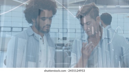 Image of financial data processing over diverse businessmen. business, digital interface and data processing concept digitally generated image.