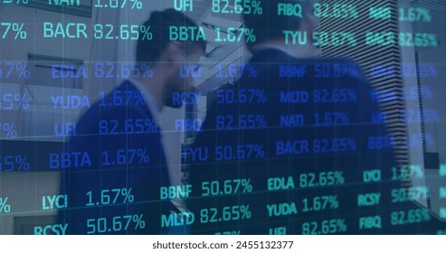 Image of financial data processing over caucasian businessman. business, digital interface and data processing concept digitally generated image.