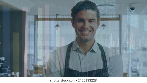 Image of financial data processing over caucasian man. global finance, business and digital interface concept digitally generated image.