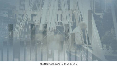 Image of financial data processing over busy city. business, digital interface and data processing concept digitally generated image.