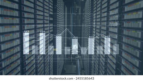 Image of financial data processing over server room. global finance, business and digital interface concept digitally generated image.