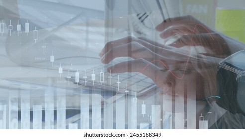Image of financial data processing over caucasian businesswoman. business, digital interface and data processing concept digitally generated image.