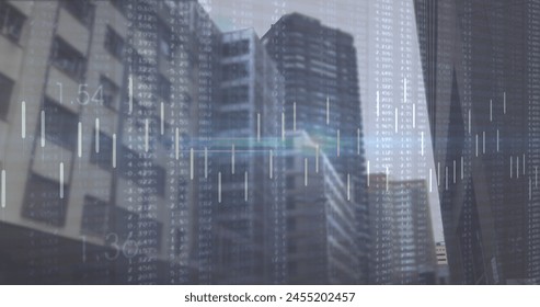 Image of financial data processing over cityscape. global finance, business and digital interface concept digitally generated image.