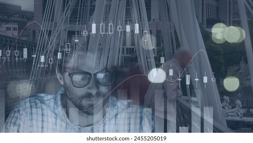 Image of financial data processing over caucasian businessman. business, digital interface and data processing concept digitally generated image.