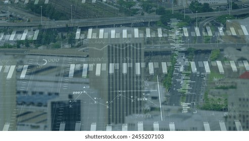 Image of financial data processing over cityscape. global finance, business and digital interface concept digitally generated image.