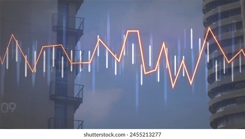 Image of financial data processing over cityscape. global finance, business and digital interface concept digitally generated image.