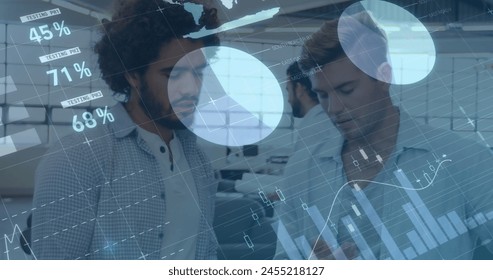 Image of financial data processing over diverse businessmen. business, digital interface and data processing concept digitally generated image.