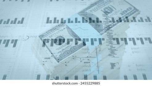 Image of financial data processing over dollars on white background. global finance, business and digital interface concept digitally generated image.