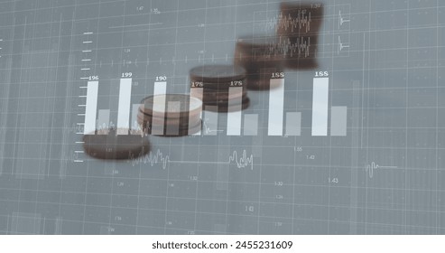 Image of financial data processing over coins on white background. global finance, business and digital interface concept digitally generated image.