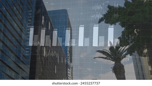 Image of financial data processing over cityscape. global finance, business and digital interface concept digitally generated image.