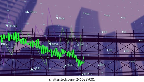 Image of financial data processing over cityscape. global business, finance, digital interface and data processing concept digitally generated image.