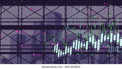 Image of financial data processing over office building. global business, finance, digital interface and data processing concept digitally generated image.