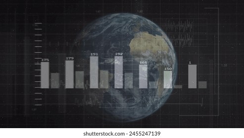 Image of financial data processing over globe on black background. global finance, business and digital interface concept digitally generated image.