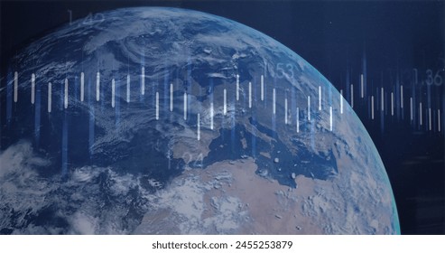 Image of financial data processing over globe on black background. global finance, business and digital interface concept digitally generated image.