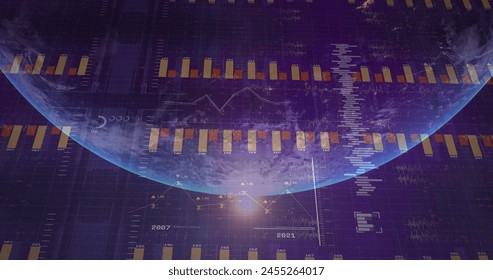 Image of financial data processing over globe on black background. global finance, business and digital interface concept digitally generated image. - Powered by Shutterstock - Get 15% off with code: PIKWIZARD15
