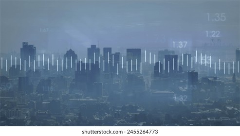Image of financial data processing over cityscape. global finance, business and digital interface concept digitally generated image.