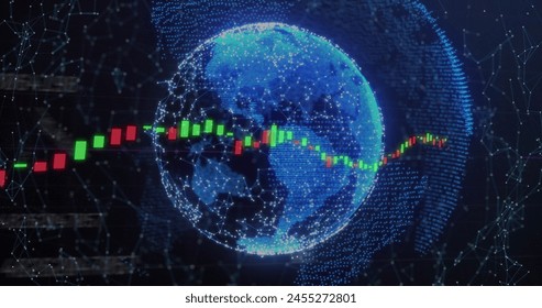 Image of financial data processing over globe on black background. global finance, business and digital interface concept digitally generated image.
