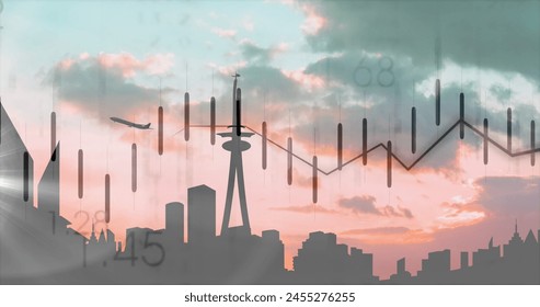 Image of financial data processing over cityscape. global finance, business and digital interface concept digitally generated image.