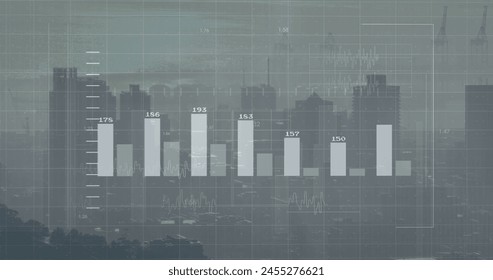 Image of financial data processing over cityscape. global finance, business and digital interface concept digitally generated image.